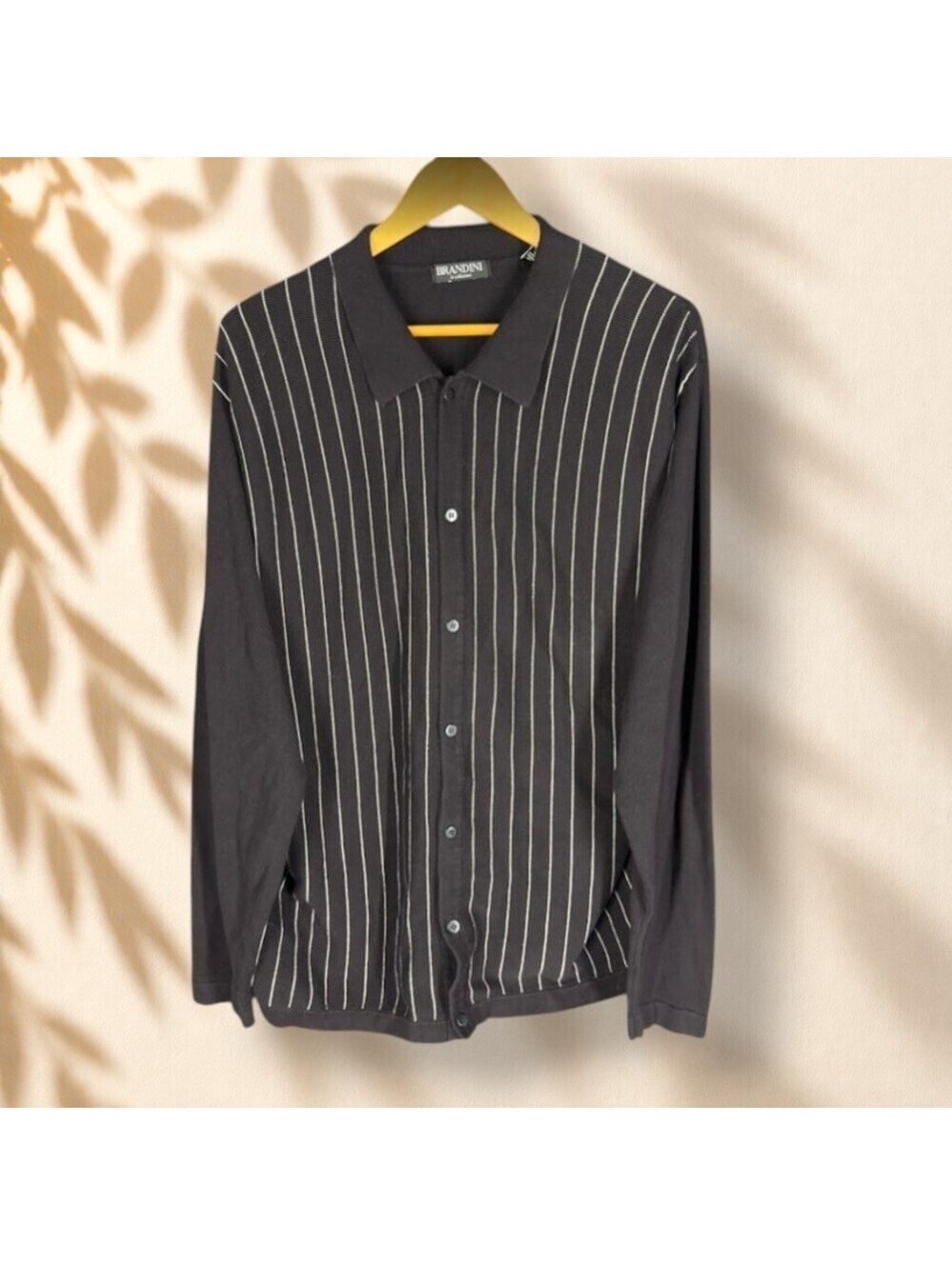 Brandini Shirt Men XL Black Striped Button Up Collared Long Sleeve Cotton